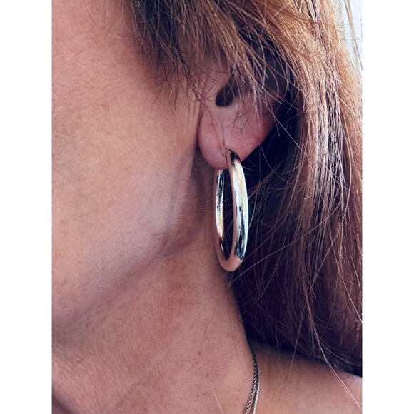 Vintage 925 Sterling Silver Hoop Earrings 31mm Thailand Estate Jewelry Classic - Picture 5 of 10